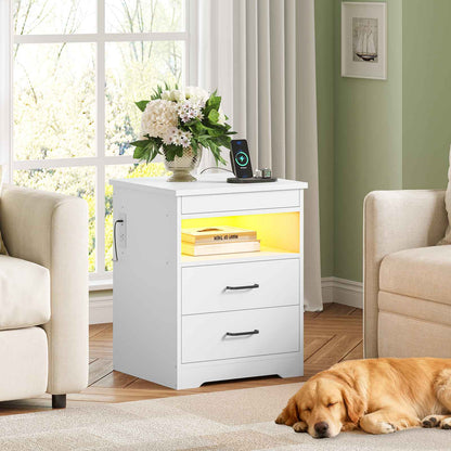 DICTAC | Modern Nightstand with Charging Station, RGB LED Lights, Lockable Sliding Drawer, Storage Drawers & Open Shelf, white