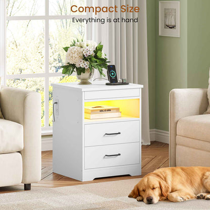DICTAC | Modern Nightstand with Charging Station, RGB LED Lights, Lockable Sliding Drawer, Storage Drawers & Open Shelf, white