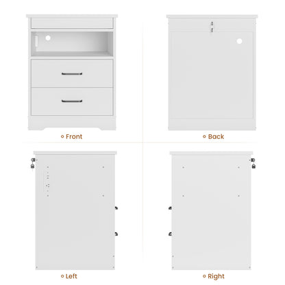 DICTAC | Modern Nightstand with Charging Station, RGB LED Lights, Lockable Sliding Drawer, Storage Drawers & Open Shelf, white