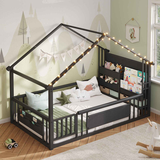 DICTAC | Twin Montessori Floor Bed with Bookshelf, Safety Guardrails & House Frame Design for Kids, Black/White/Pink