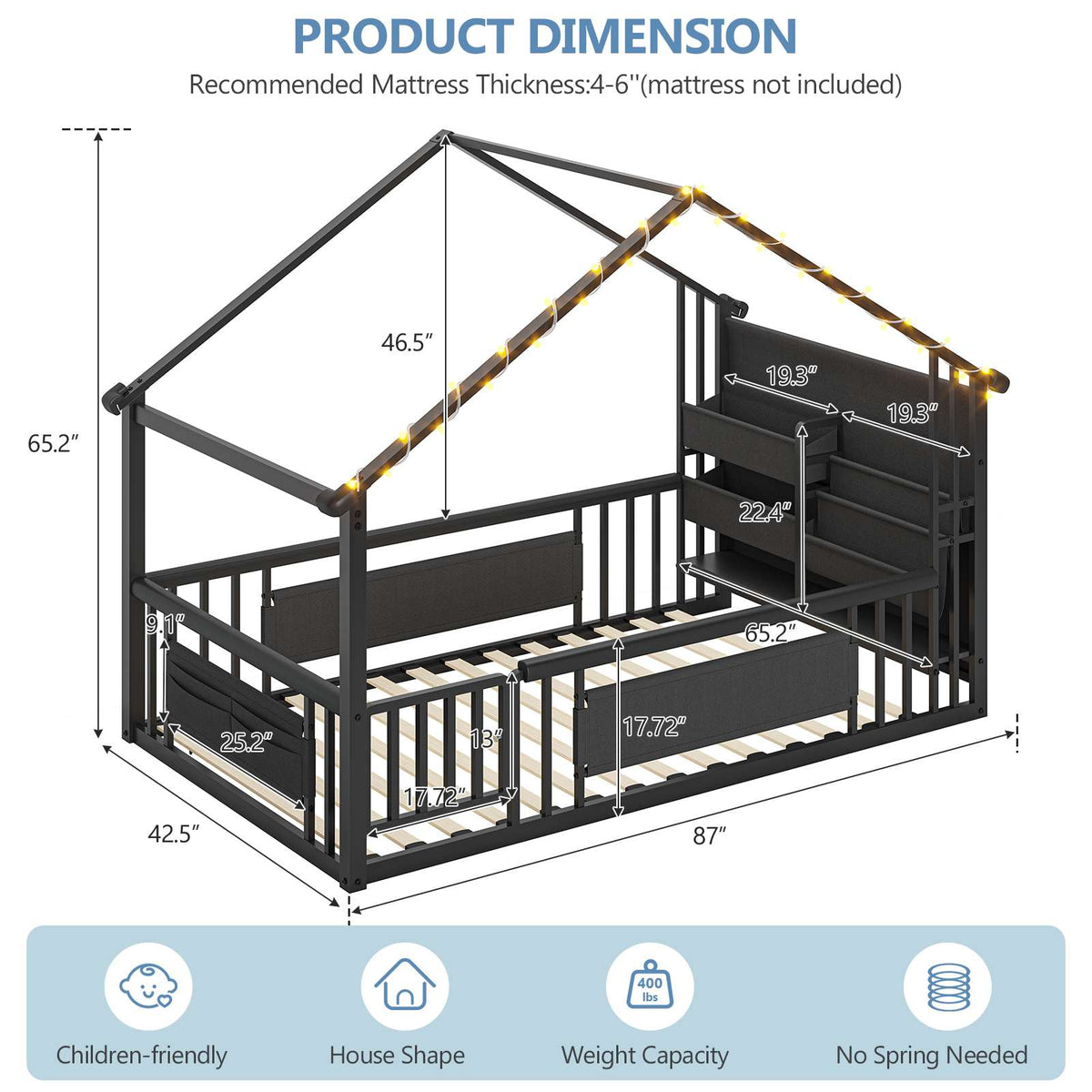 DICTAC | Twin Montessori Floor Bed with Bookshelf, Safety Guardrails & House Frame Design for Kids, Black/White/Pink