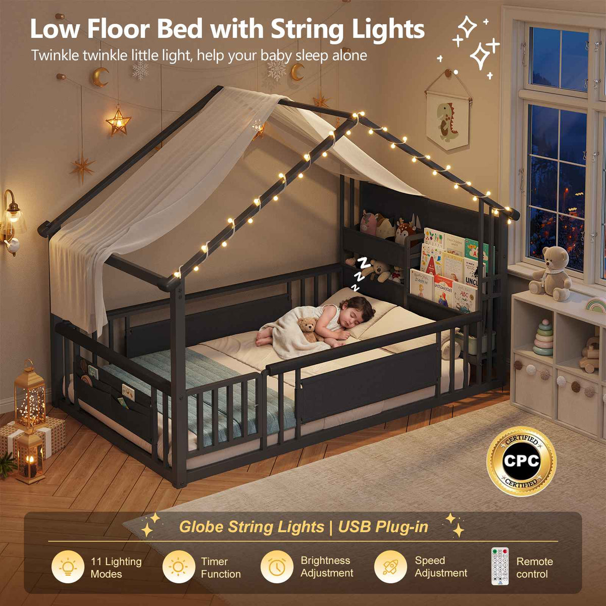 DICTAC | Twin Montessori Floor Bed with Bookshelf, Safety Guardrails & House Frame Design for Kids, Black/White/Pink