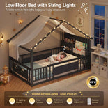 DICTAC | Twin Montessori Floor Bed with Bookshelf, Safety Guardrails & House Frame Design for Kids, Black/White/Pink