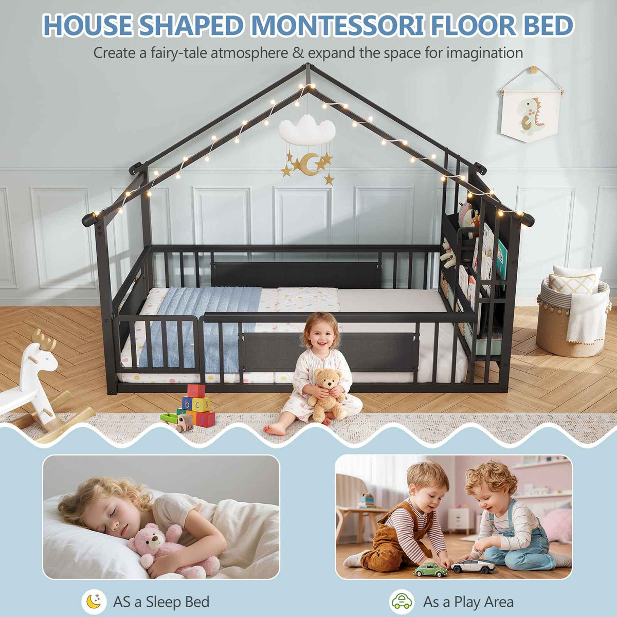 DICTAC | Twin Montessori Floor Bed with Bookshelf, Safety Guardrails & House Frame Design for Kids, Black/White/Pink