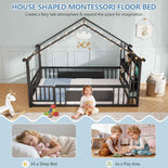 DICTAC | Twin Montessori Floor Bed with Bookshelf, Safety Guardrails & House Frame Design for Kids, Black/White/Pink