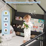 DICTAC | Twin Montessori Floor Bed with Bookshelf, Safety Guardrails & House Frame Design for Kids, Black/White/Pink