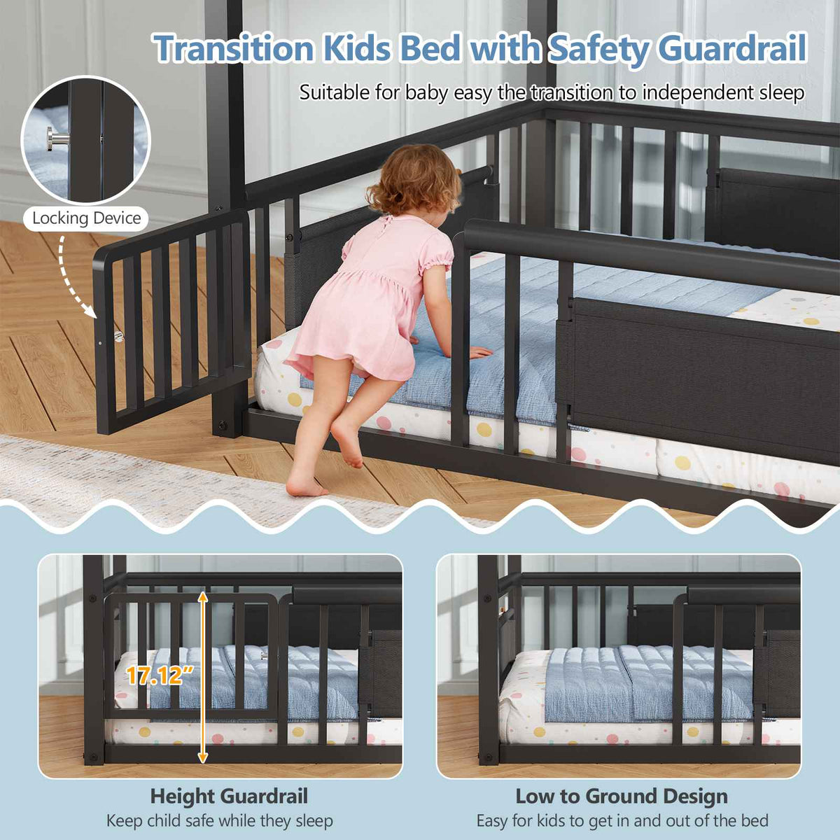 DICTAC | Twin Montessori Floor Bed with Bookshelf, Safety Guardrails & House Frame Design for Kids, Black/White/Pink