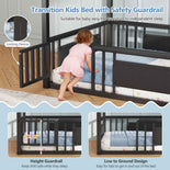 DICTAC | Twin Montessori Floor Bed with Bookshelf, Safety Guardrails & House Frame Design for Kids, Black/White/Pink