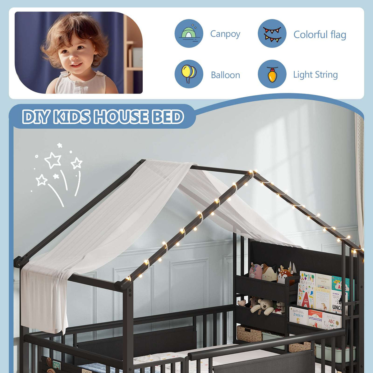 DICTAC | Twin Montessori Floor Bed with Bookshelf, Safety Guardrails & House Frame Design for Kids, Black/White/Pink