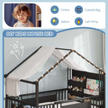 DICTAC | Twin Montessori Floor Bed with Bookshelf, Safety Guardrails & House Frame Design for Kids, Black/White/Pink