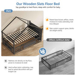 DICTAC | Twin Montessori Floor Bed with Bookshelf, Safety Guardrails & House Frame Design for Kids, Black/White/Pink