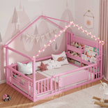 DICTAC | Twin Montessori Floor Bed with Bookshelf, Safety Guardrails & House Frame Design for Kids, Black/White/Pink