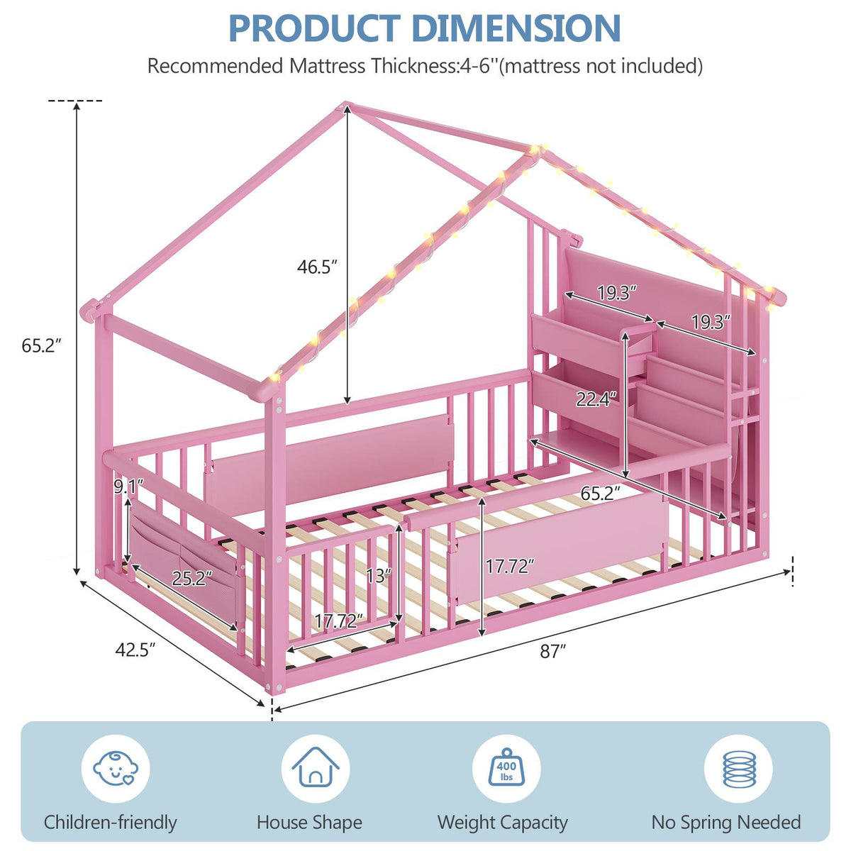 DICTAC | Twin Montessori Floor Bed with Bookshelf, Safety Guardrails & House Frame Design for Kids, Black/White/Pink