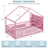 DICTAC | Twin Montessori Floor Bed with Bookshelf, Safety Guardrails & House Frame Design for Kids, Black/White/Pink