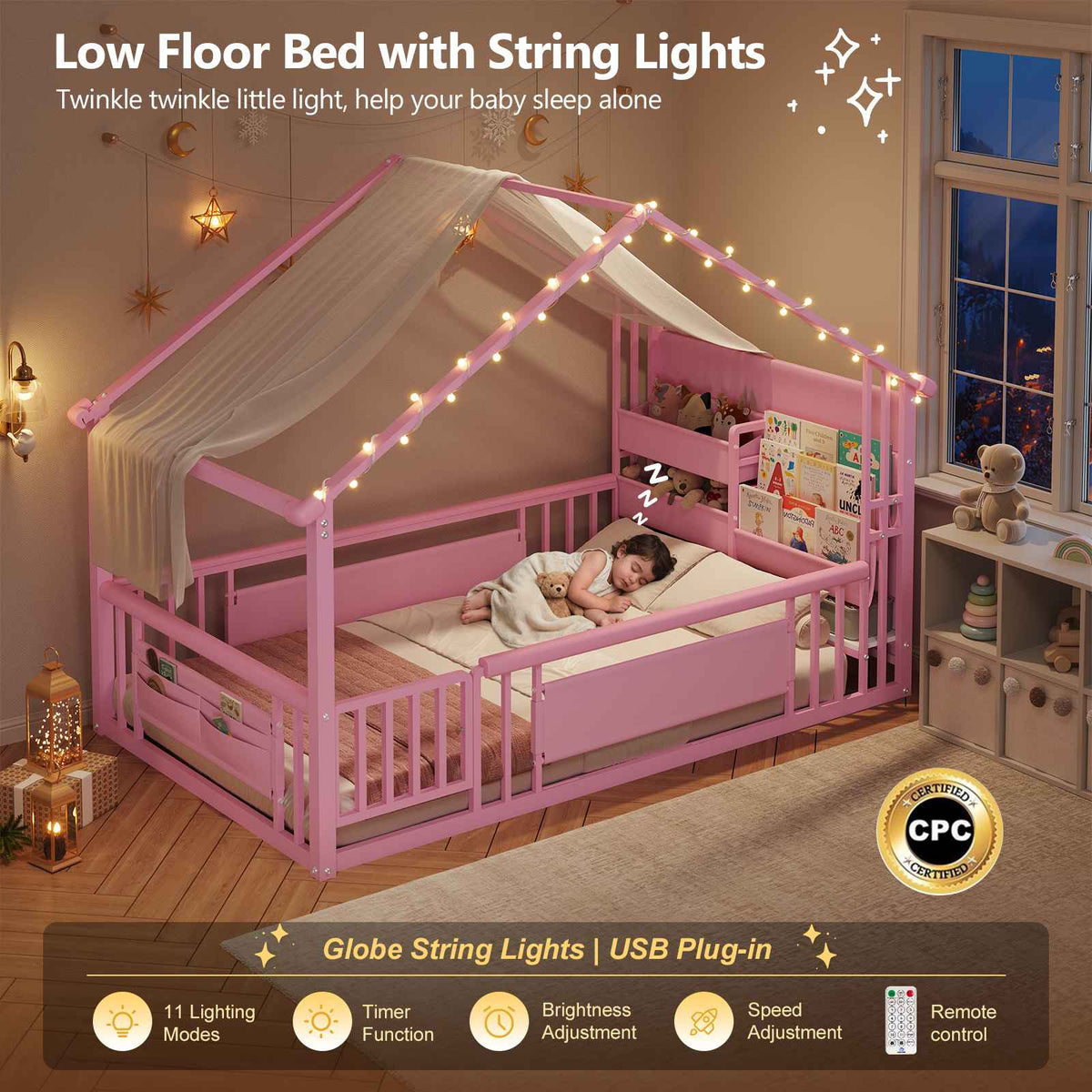 DICTAC | Twin Montessori Floor Bed with Bookshelf, Safety Guardrails & House Frame Design for Kids, Black/White/Pink