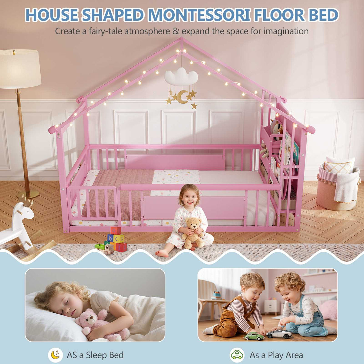 DICTAC | Twin Montessori Floor Bed with Bookshelf, Safety Guardrails & House Frame Design for Kids, Black/White/Pink