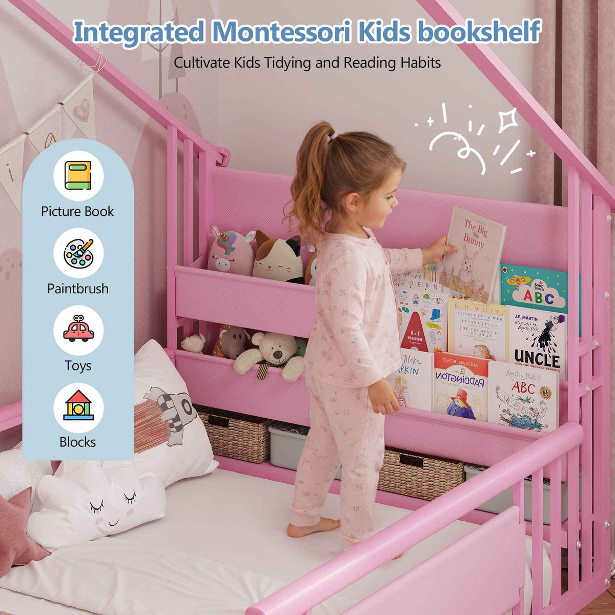DICTAC | Twin Montessori Floor Bed with Bookshelf, Safety Guardrails & House Frame Design for Kids, Black/White/Pink