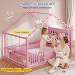 DICTAC | Twin Montessori Floor Bed with Bookshelf, Safety Guardrails & House Frame Design for Kids, Black/White/Pink