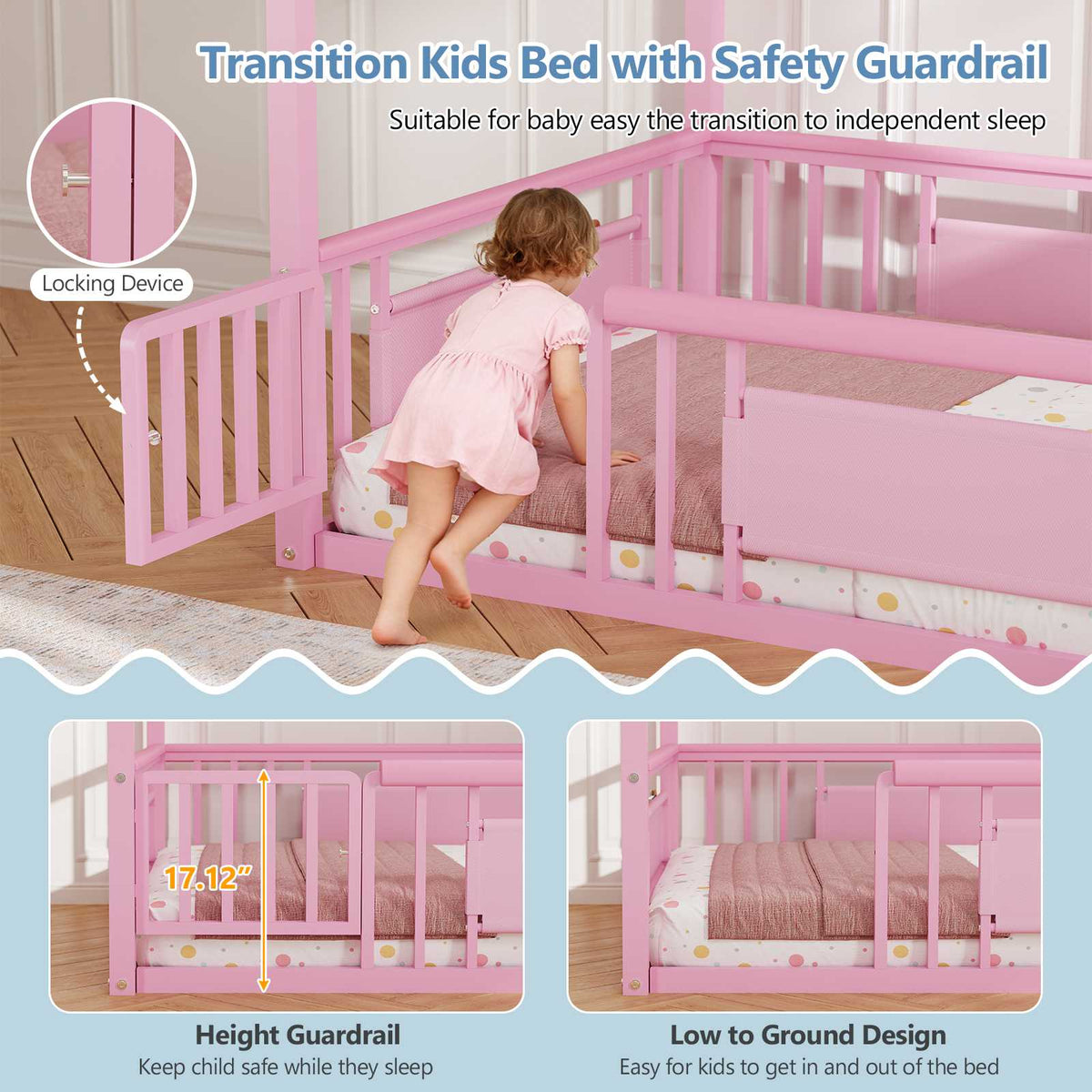 DICTAC | Twin Montessori Floor Bed with Bookshelf, Safety Guardrails & House Frame Design for Kids, Black/White/Pink