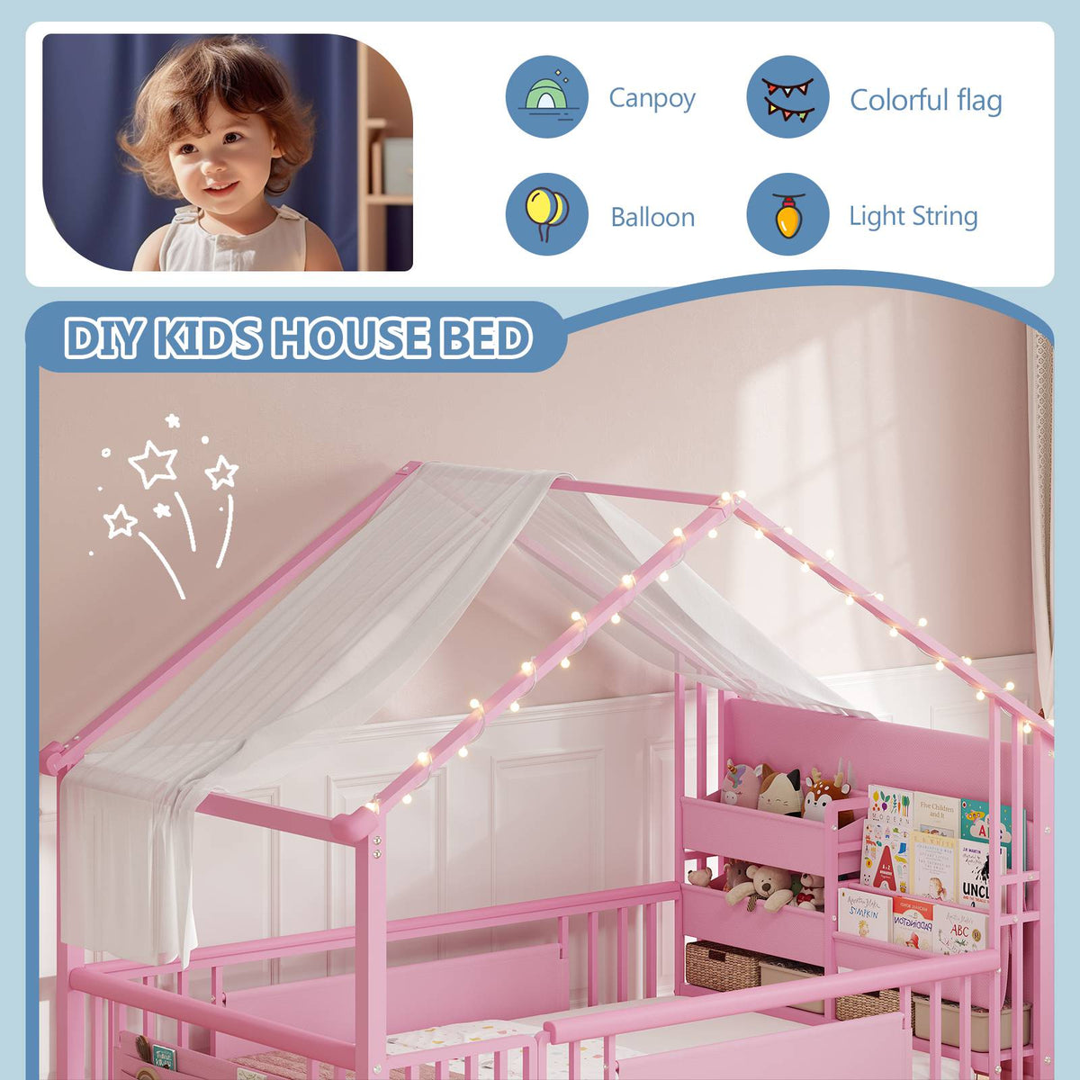 DICTAC | Twin Montessori Floor Bed with Bookshelf, Safety Guardrails & House Frame Design for Kids, Black/White/Pink