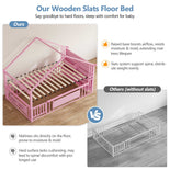 DICTAC | Twin Montessori Floor Bed with Bookshelf, Safety Guardrails & House Frame Design for Kids, Black/White/Pink