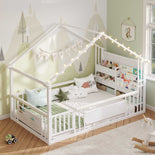 DICTAC | Twin Montessori Floor Bed with Bookshelf, Safety Guardrails & House Frame Design for Kids, Black/White/Pink