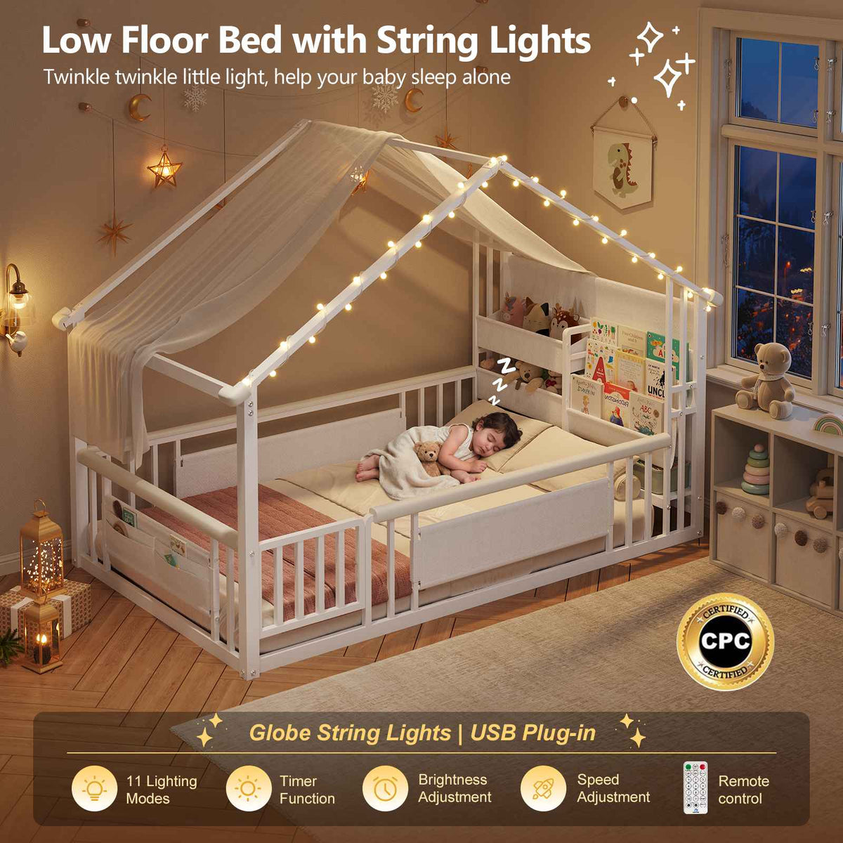 DICTAC | Twin Montessori Floor Bed with Bookshelf, Safety Guardrails & House Frame Design for Kids, Black/White/Pink
