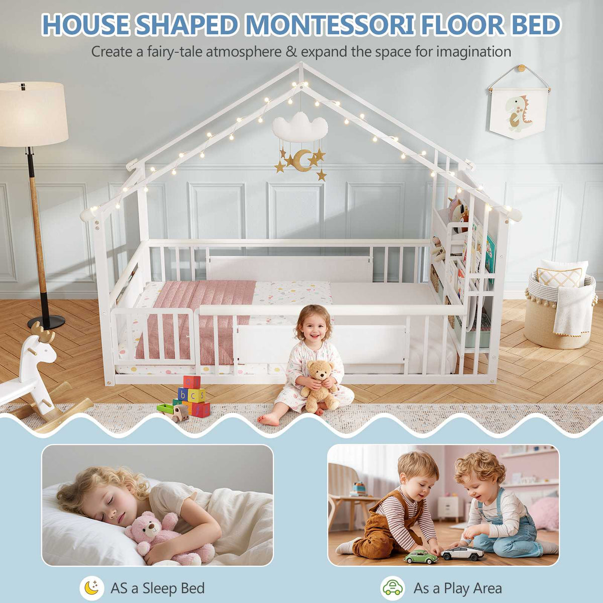 DICTAC | Twin Montessori Floor Bed with Bookshelf, Safety Guardrails & House Frame Design for Kids, Black/White/Pink