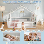 DICTAC | Twin Montessori Floor Bed with Bookshelf, Safety Guardrails & House Frame Design for Kids, Black/White/Pink
