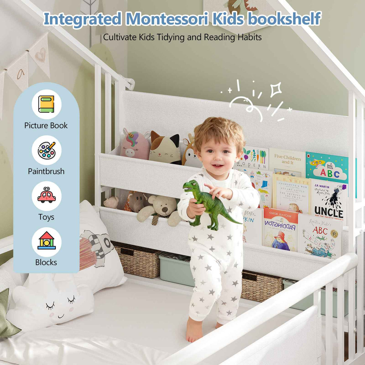 DICTAC | Twin Montessori Floor Bed with Bookshelf, Safety Guardrails & House Frame Design for Kids, Black/White/Pink