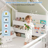 DICTAC | Twin Montessori Floor Bed with Bookshelf, Safety Guardrails & House Frame Design for Kids, Black/White/Pink