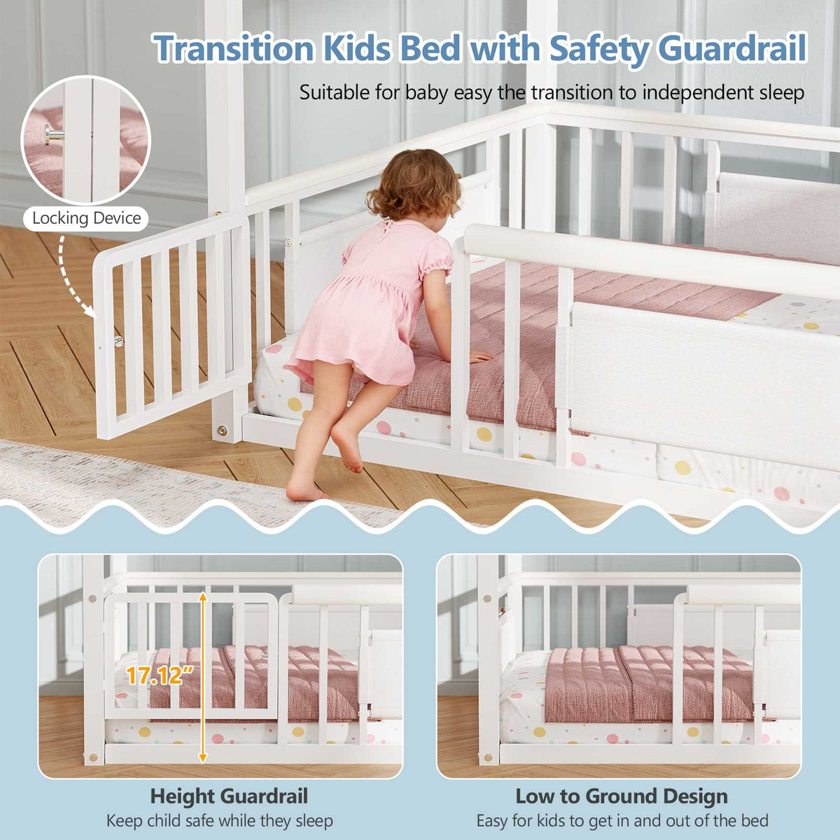 DICTAC | Twin Montessori Floor Bed with Bookshelf, Safety Guardrails & House Frame Design for Kids, Black/White/Pink