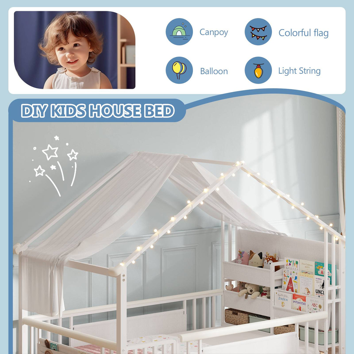 DICTAC | Twin Montessori Floor Bed with Bookshelf, Safety Guardrails & House Frame Design for Kids, Black/White/Pink
