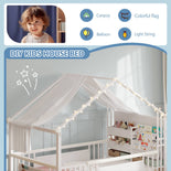 DICTAC | Twin Montessori Floor Bed with Bookshelf, Safety Guardrails & House Frame Design for Kids, Black/White/Pink