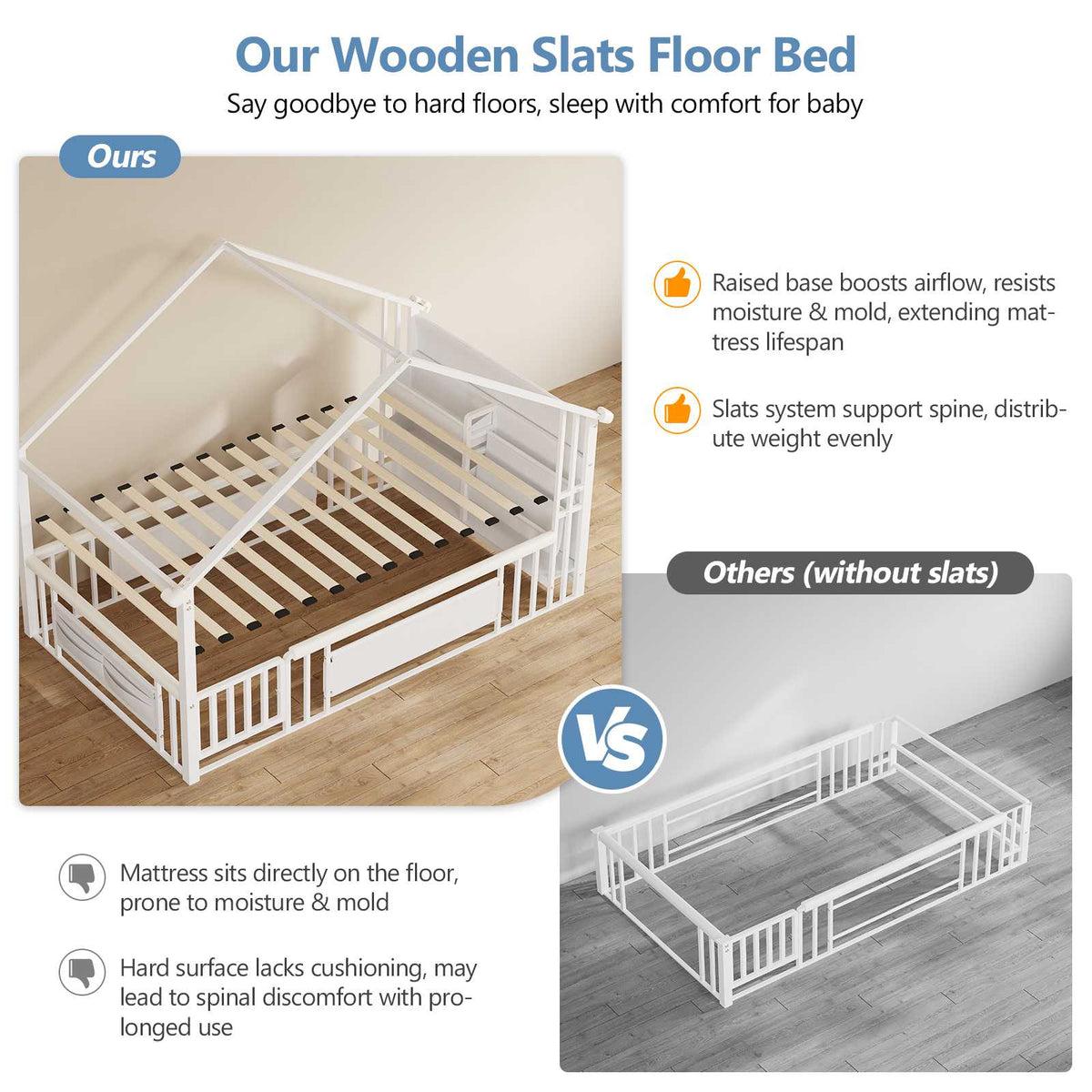 DICTAC | Twin Montessori Floor Bed with Bookshelf, Safety Guardrails & House Frame Design for Kids, Black/White/Pink