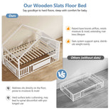 DICTAC | Twin Montessori Floor Bed with Bookshelf, Safety Guardrails & House Frame Design for Kids, Black/White/Pink