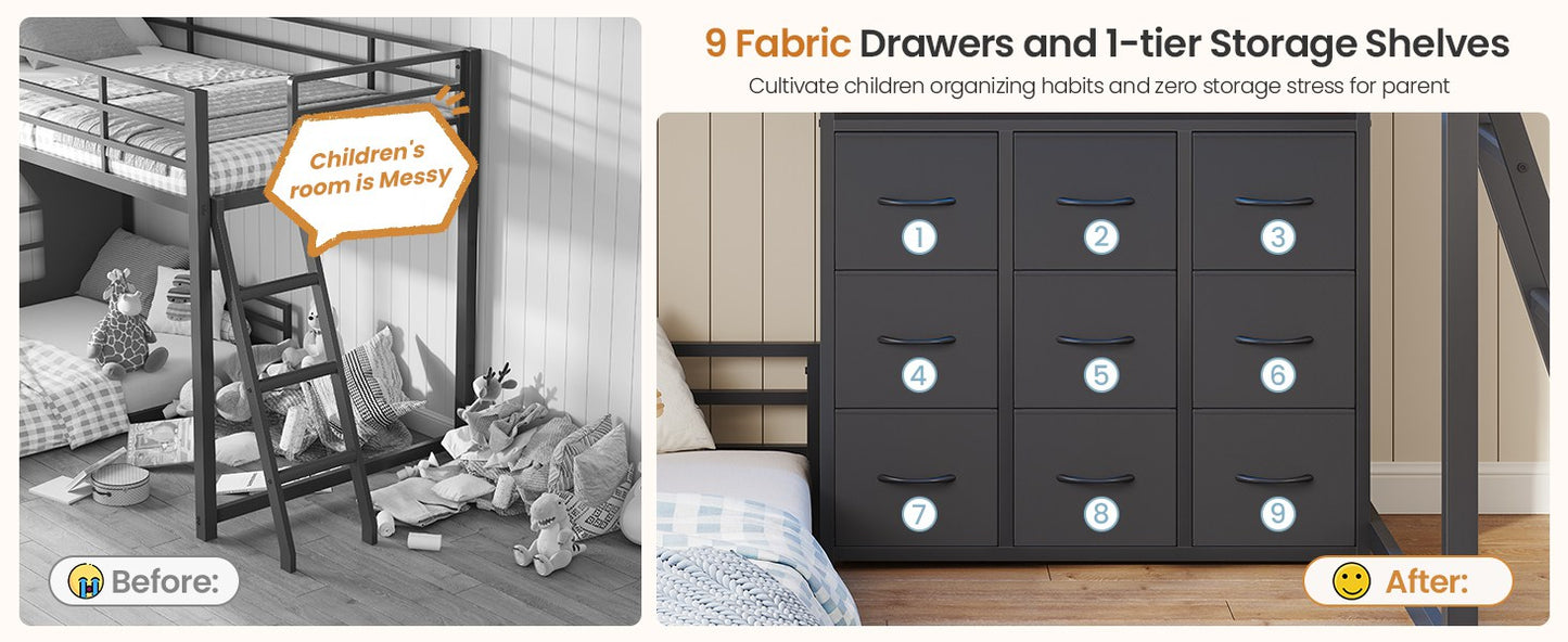 DICTAC | Low Profile L-Shaped Bunk Bed with 9 Storage Drawers, Open Shelf, RGB LED Lights, Stairs & Safety Guardrail, Black