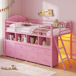 DICTAC | Twin Low Loft Bed with 8 Storage Drawers, 4 Bookshelves, LED Lights & Play Space for Kids