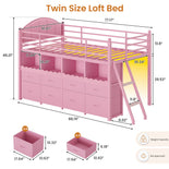 DICTAC | Twin Low Loft Bed with 8 Storage Drawers, 4 Bookshelves, LED Lights & Play Space for Kids