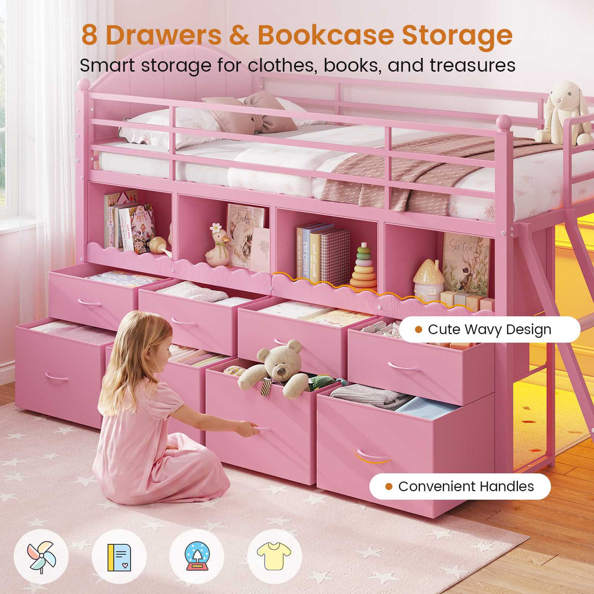 DICTAC | Twin Low Loft Bed with 8 Storage Drawers, 4 Bookshelves, LED Lights & Play Space for Kids