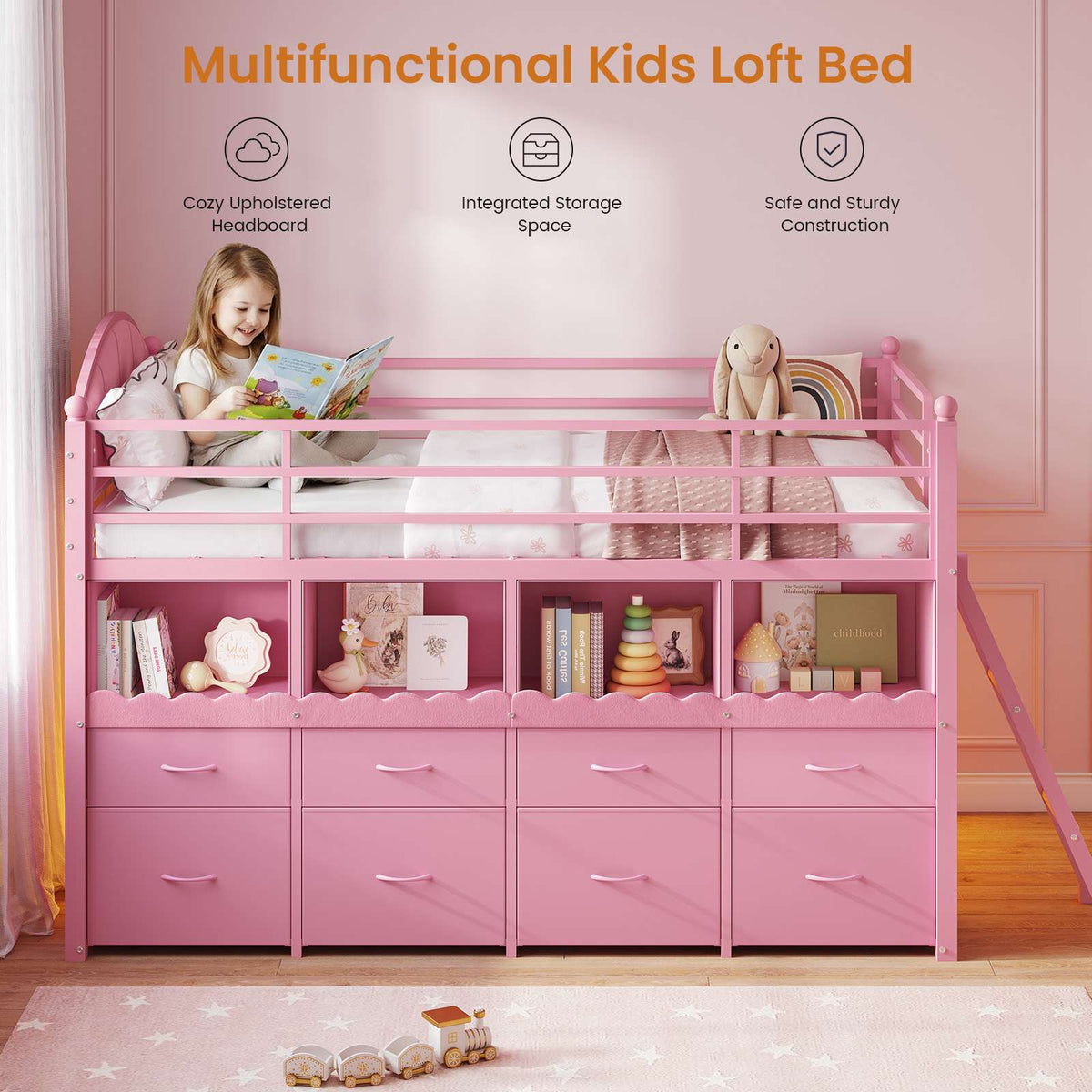 DICTAC | Twin Low Loft Bed with 8 Storage Drawers, 4 Bookshelves, LED Lights & Play Space for Kids