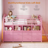 DICTAC | Twin Low Loft Bed with 8 Storage Drawers, 4 Bookshelves, LED Lights & Play Space for Kids