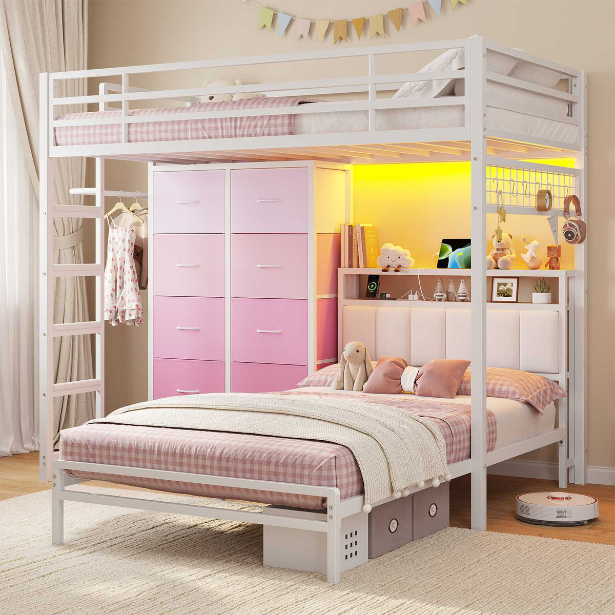 DICTAC L-Shaped Bunk Bed with 8 Storage Drawers, LED Lights, Charging Station & Storage Headboard