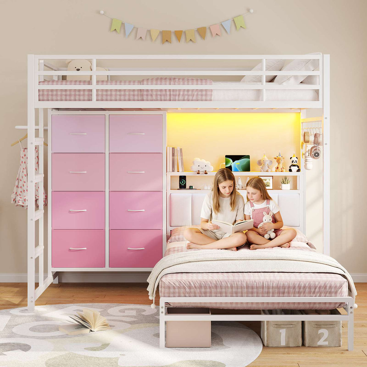 DICTAC L-Shaped Bunk Bed with 8 Storage Drawers, LED Lights, Charging Station & Storage Headboard