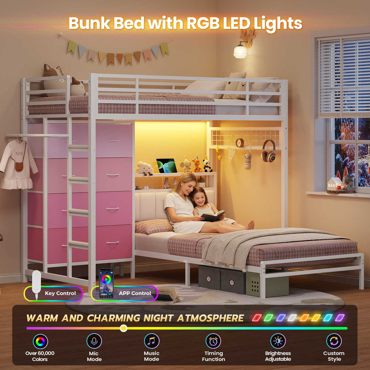 DICTAC L-Shaped Bunk Bed with 8 Storage Drawers, LED Lights, Charging Station & Storage Headboard