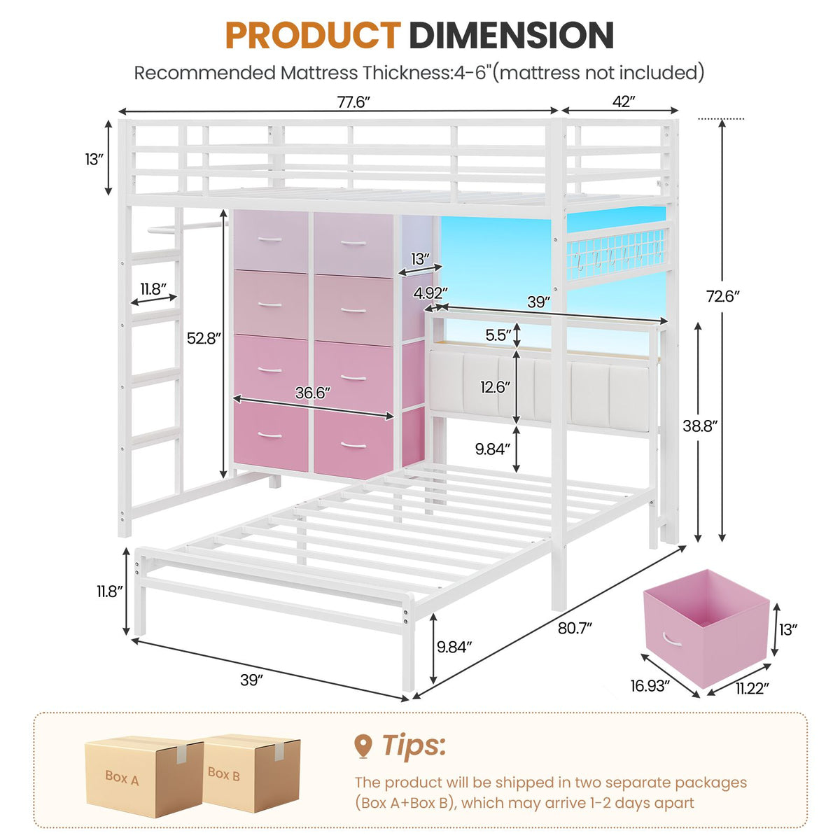 DICTAC L-Shaped Bunk Bed with 8 Storage Drawers, LED Lights, Charging Station & Storage Headboard