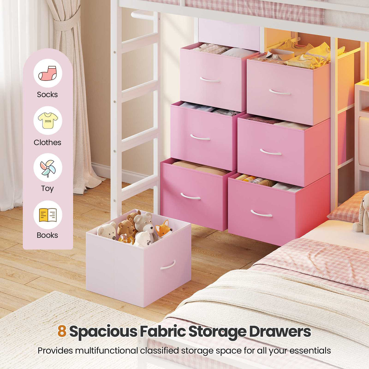 DICTAC L-Shaped Bunk Bed with 8 Storage Drawers, LED Lights, Charging Station & Storage Headboard