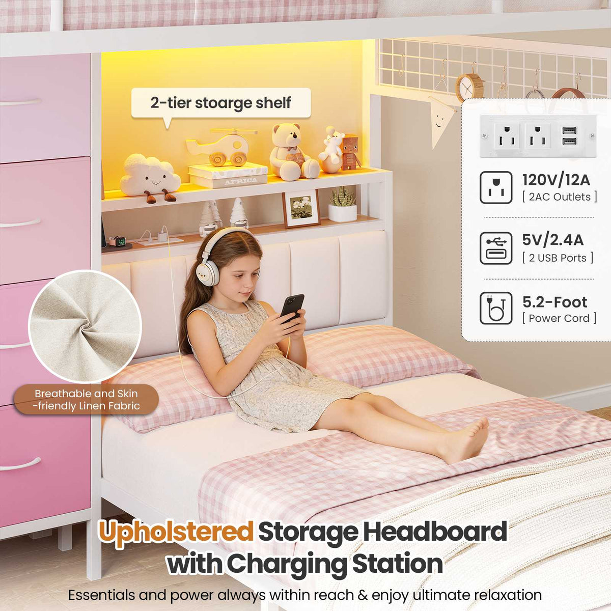 DICTAC L-Shaped Bunk Bed with 8 Storage Drawers, LED Lights, Charging Station & Storage Headboard