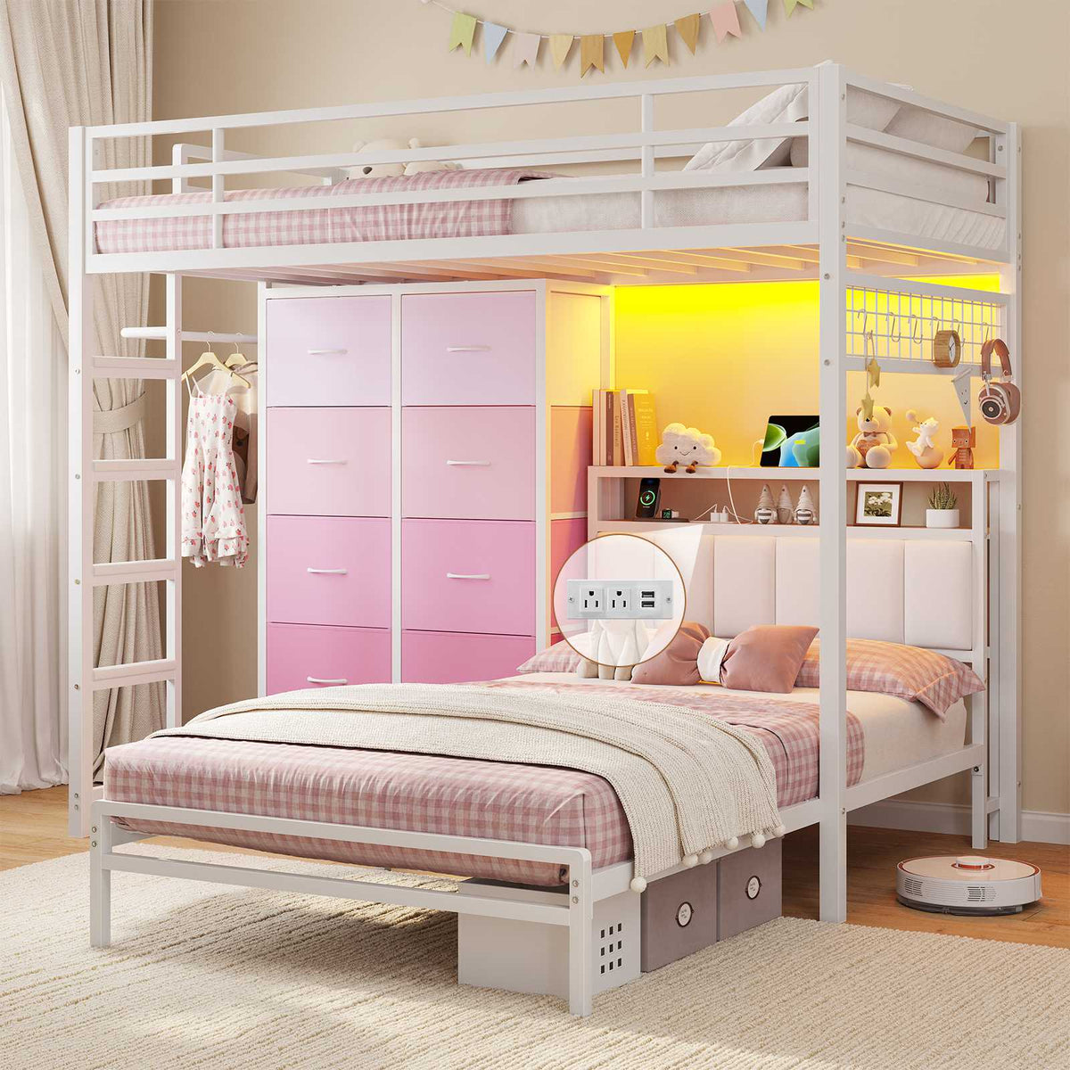 DICTAC L-Shaped Bunk Bed with 8 Storage Drawers, LED Lights, Charging Station & Storage Headboard
