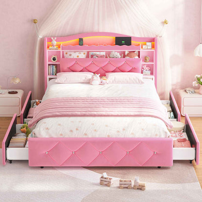 DICTAC | Princess Bed Frame with LED Lights, Storage Drawers, Bookcase Headboard & Charging Station, Pink Velvet Upholstered Bed